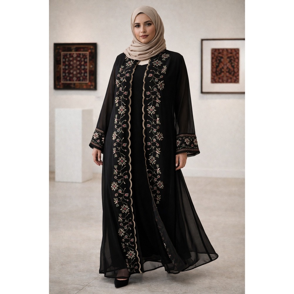Palestinian Tatreez Embroidered Bisht Robe | Handcrafted Heritage Chiffon‎ Coat